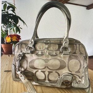 COACH Vintage Poppy Signature Sateen Fabric Beige/Gold Satchel w Silver Hardware